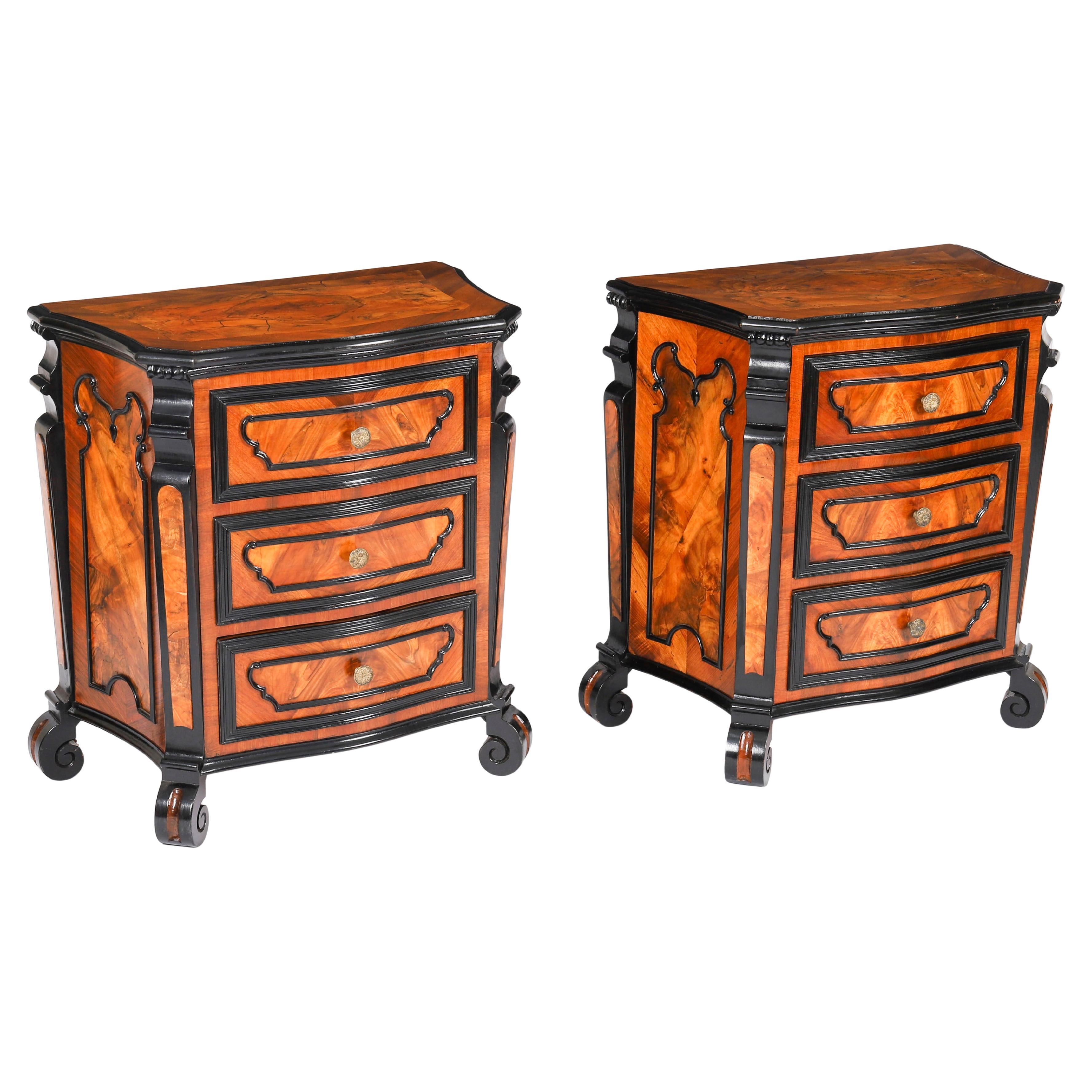 Antique Pair Italian Burr Walnut Serpentine Bedside Chests 18th Century