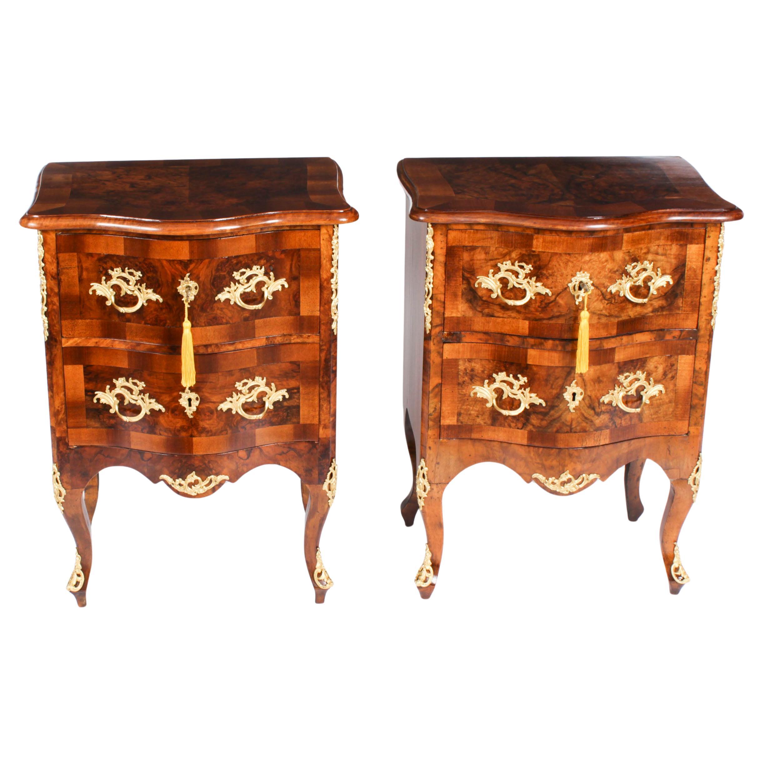 Antique Pair Italian Burr Walnut Serpentine Bedside Chests 19th Century For Sale