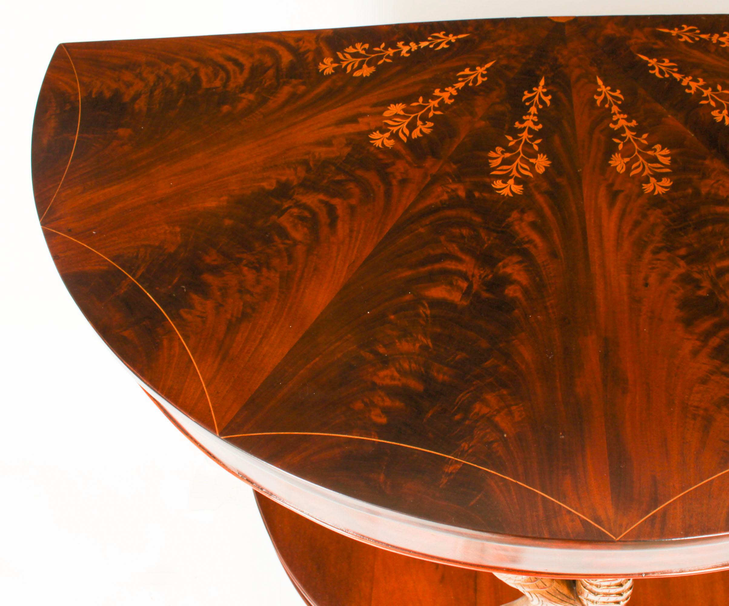 Antique Pair Italian Flame Mahogany Giltwood Dolphin Console Tables 19th Century For Sale 7
