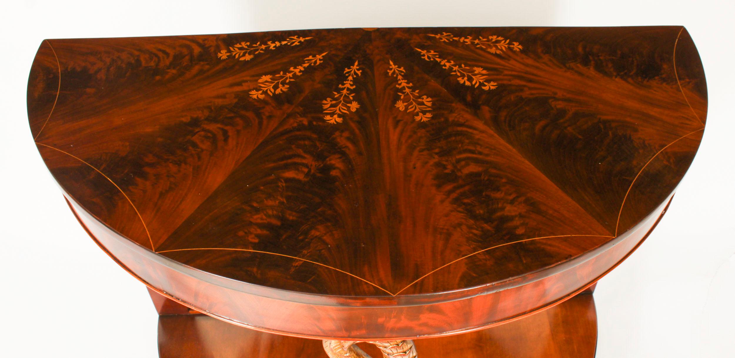 Antique Pair Italian Flame Mahogany Giltwood Dolphin Console Tables 19th Century For Sale 8