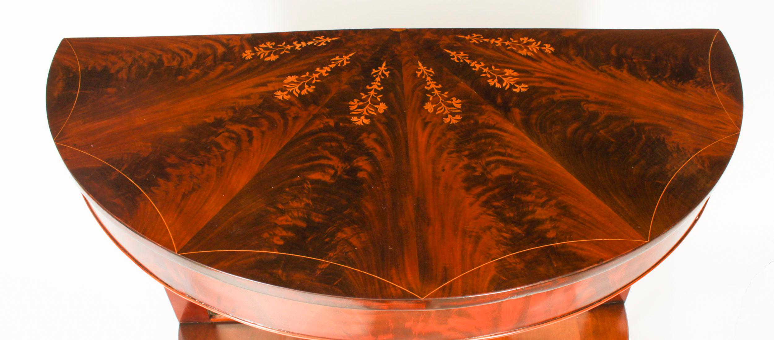 Antique Pair Italian Flame Mahogany Giltwood Dolphin Console Tables 19th Century For Sale 9