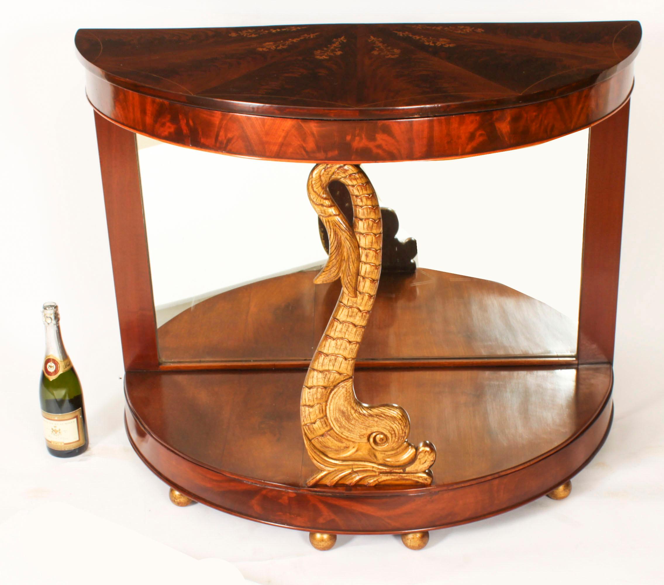 Antique Pair Italian Flame Mahogany Giltwood Dolphin Console Tables 19th Century For Sale 10