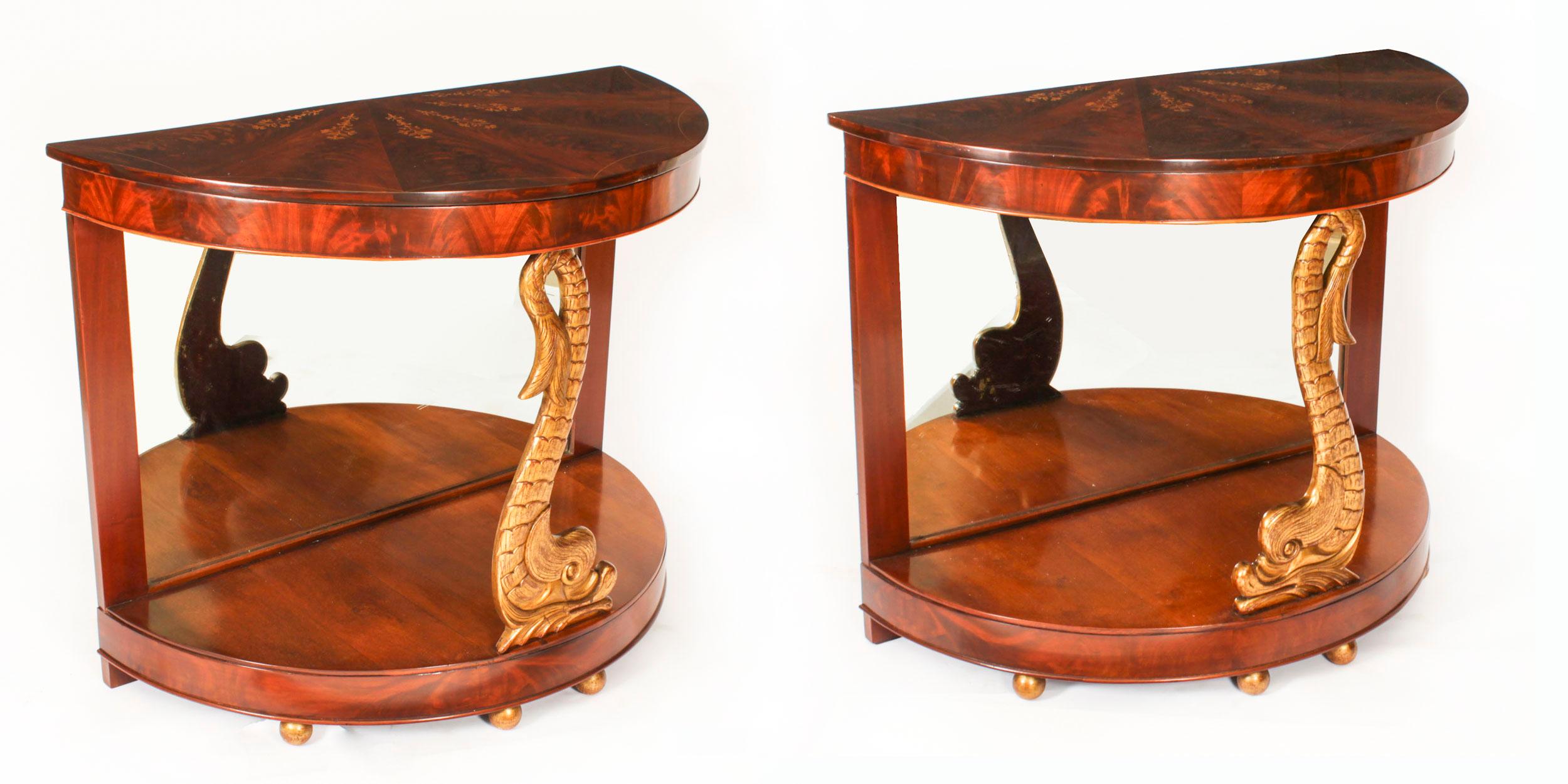 Antique Pair Italian Flame Mahogany Giltwood Dolphin Console Tables 19th Century For Sale 11