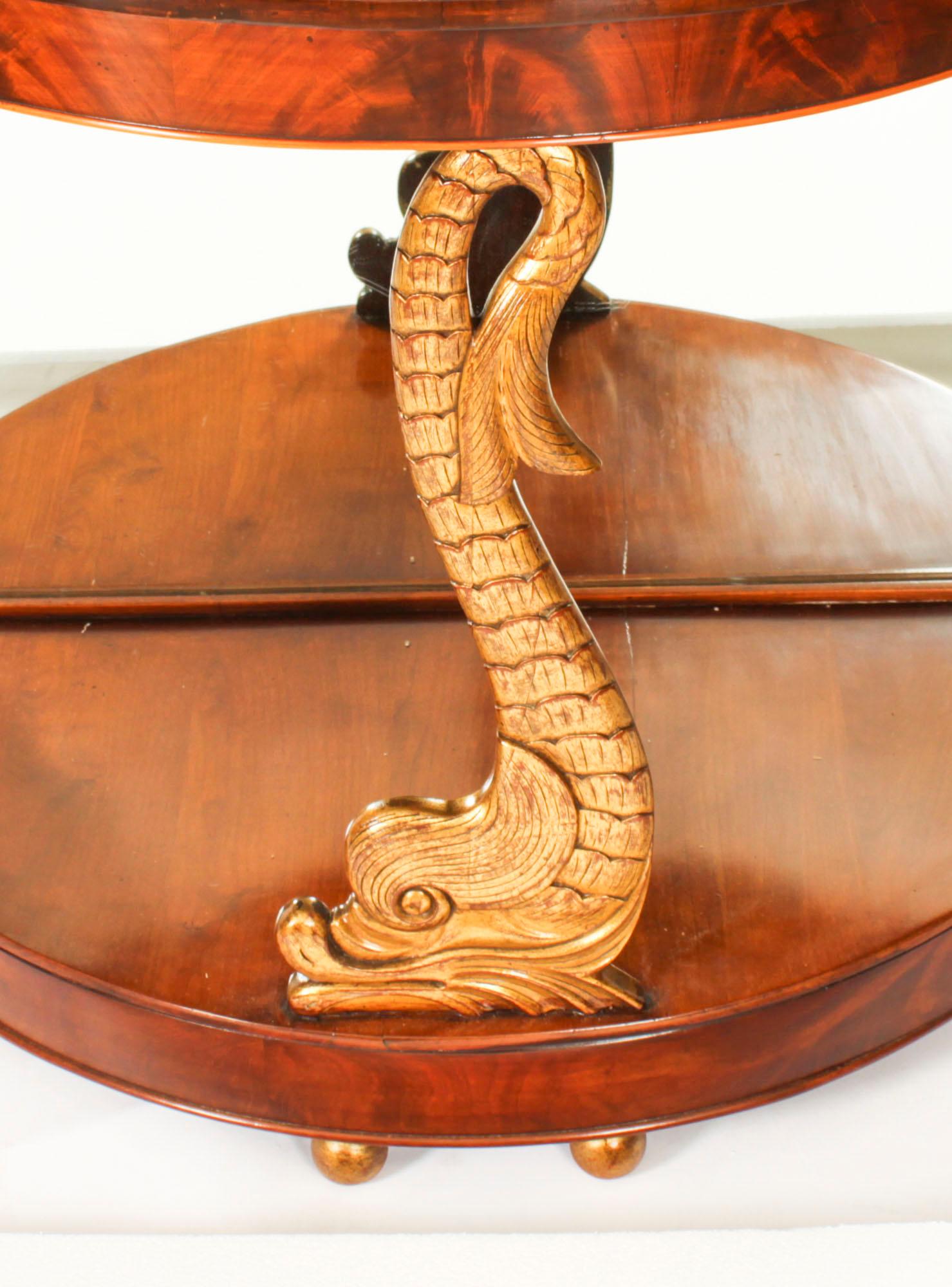 Antique Pair Italian Flame Mahogany Giltwood Dolphin Console Tables 19th Century In Good Condition For Sale In London, GB