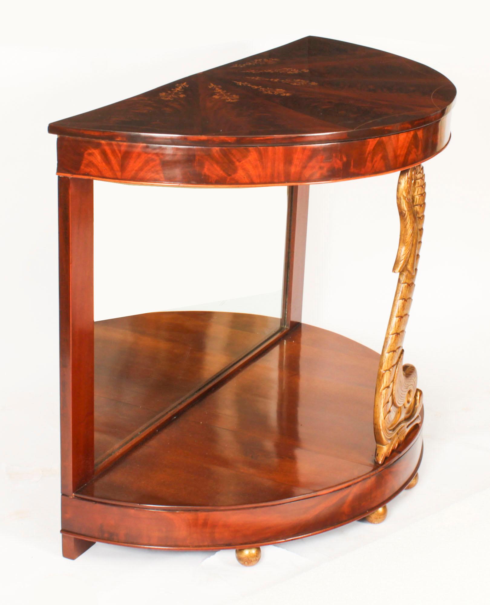 Late 19th Century Antique Pair Italian Flame Mahogany Giltwood Dolphin Console Tables 19th Century For Sale