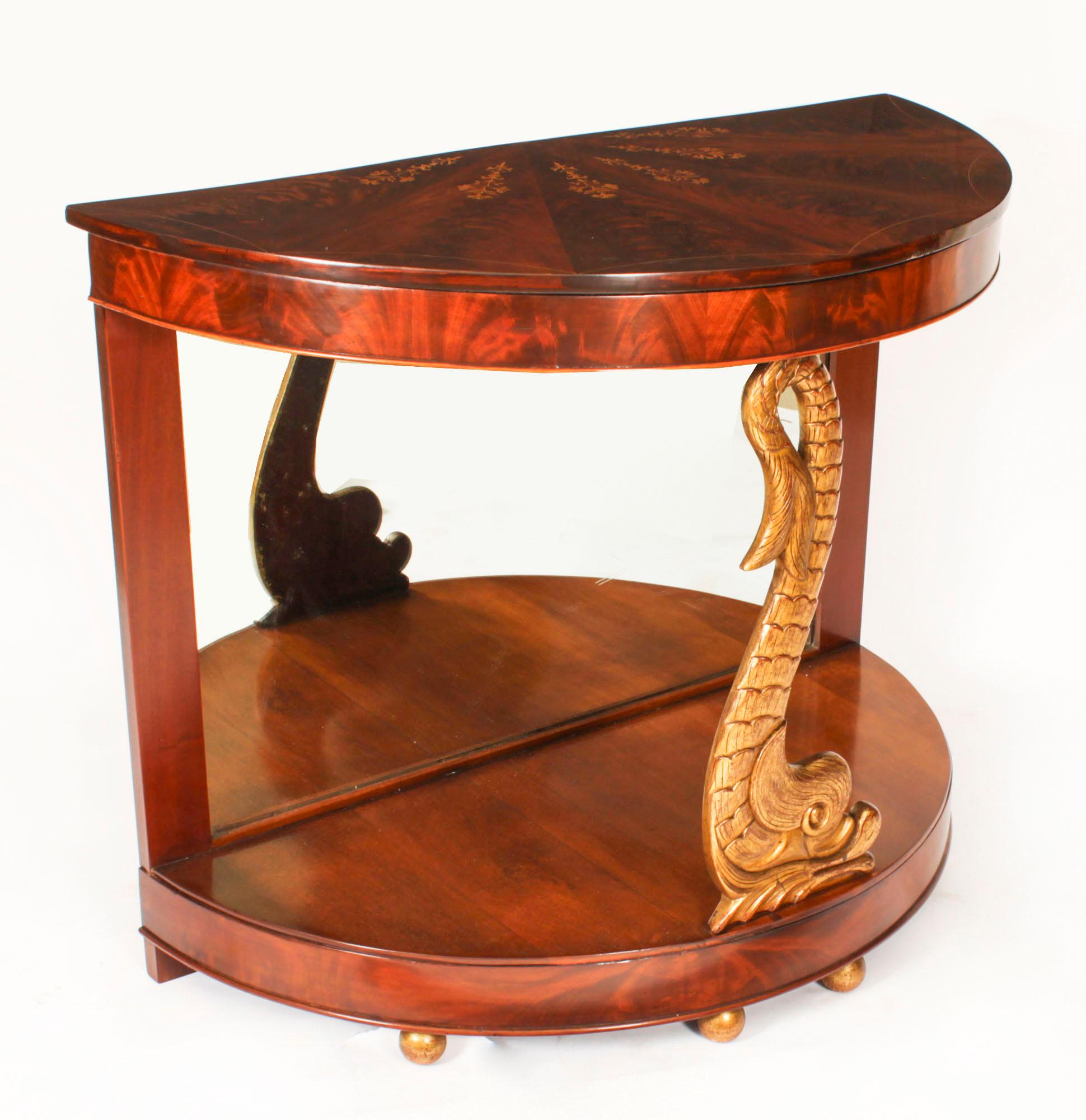 Antique Pair Italian Flame Mahogany Giltwood Dolphin Console Tables 19th Century For Sale 1