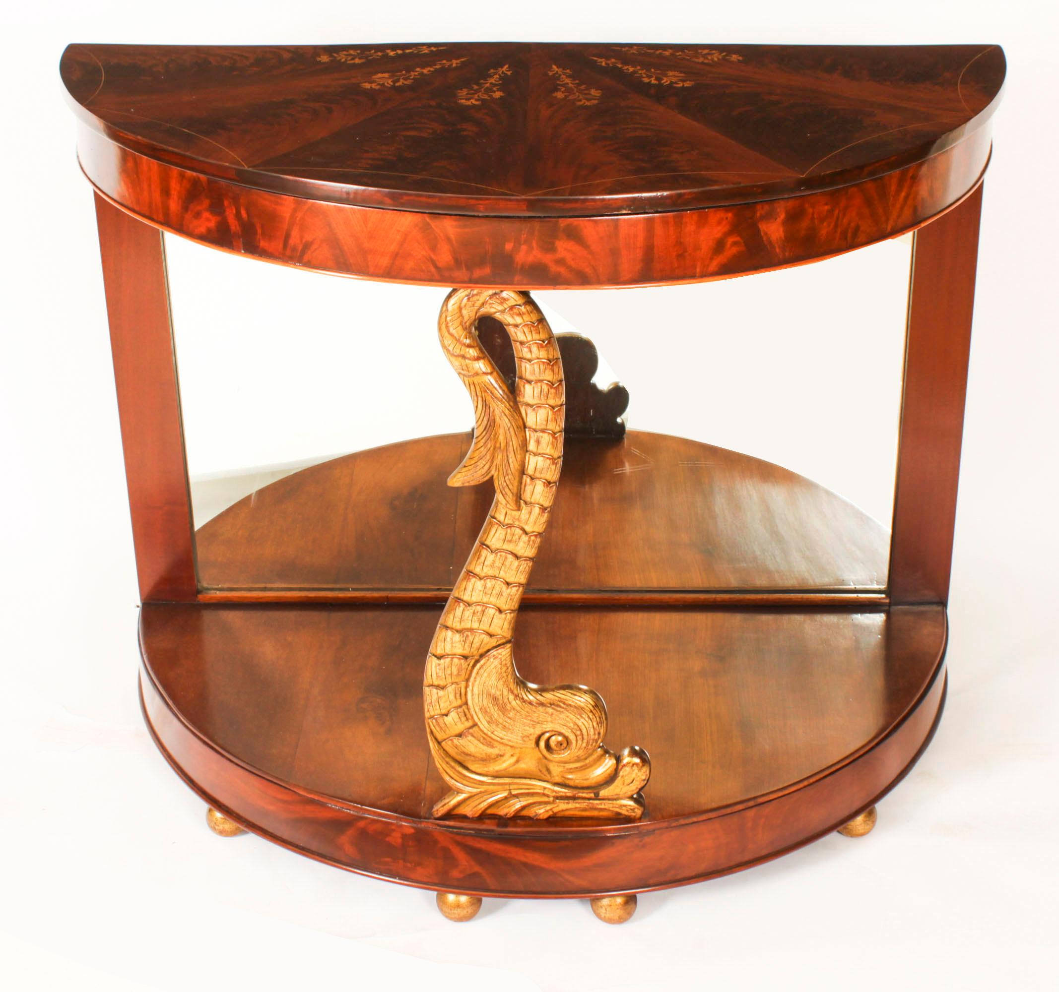 Antique Pair Italian Flame Mahogany Giltwood Dolphin Console Tables 19th Century For Sale 2