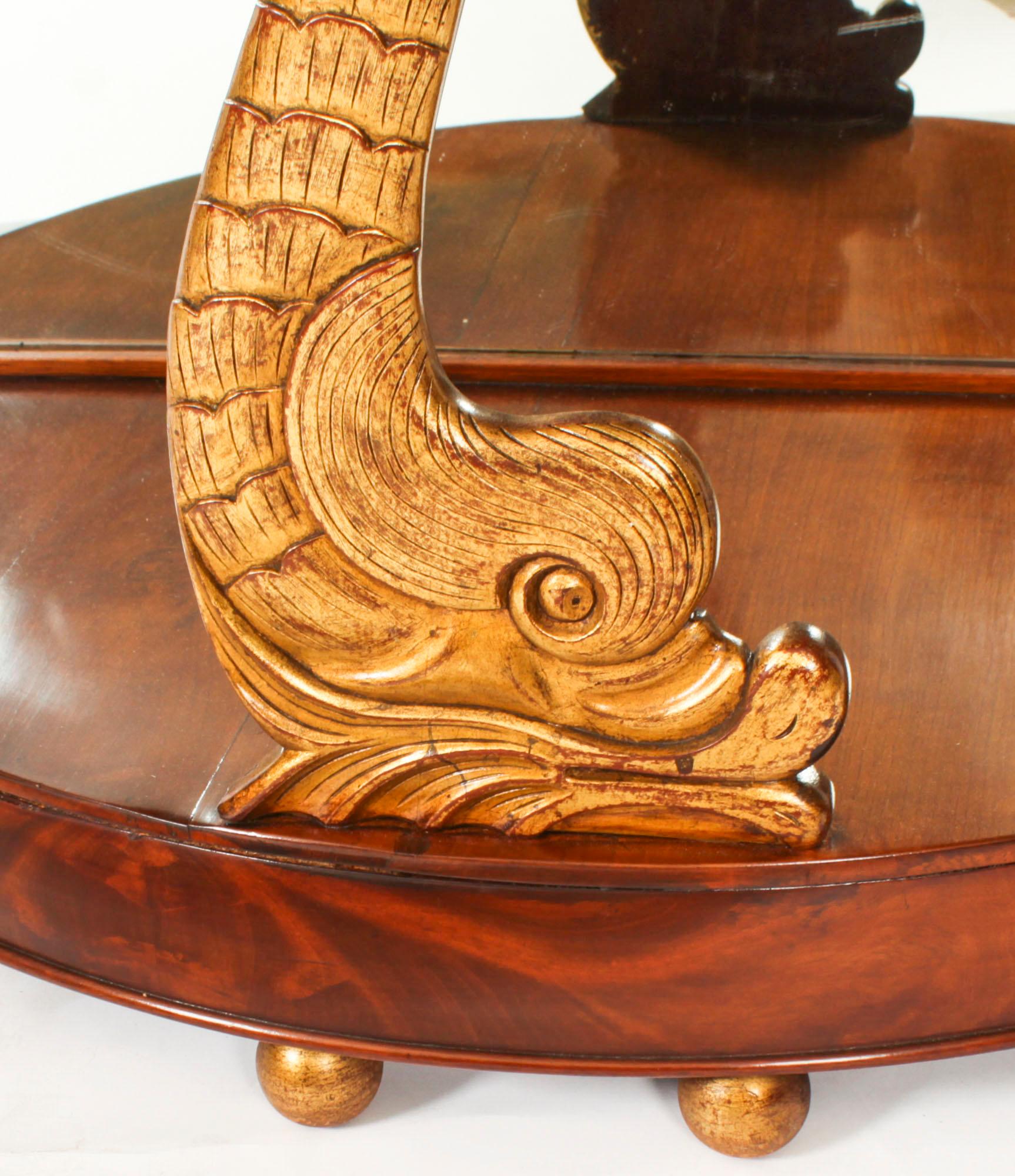 Antique Pair Italian Flame Mahogany Giltwood Dolphin Console Tables 19th Century For Sale 5