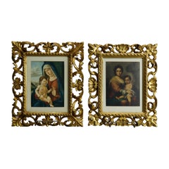 Antique Pair Italian Giltwood Reticulated Frames & Old Master Prints, c1890