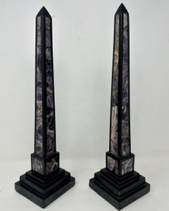 Antique Pair Italian Grand Tour Amethyst Blue John Marble Neoclassical Obelisks