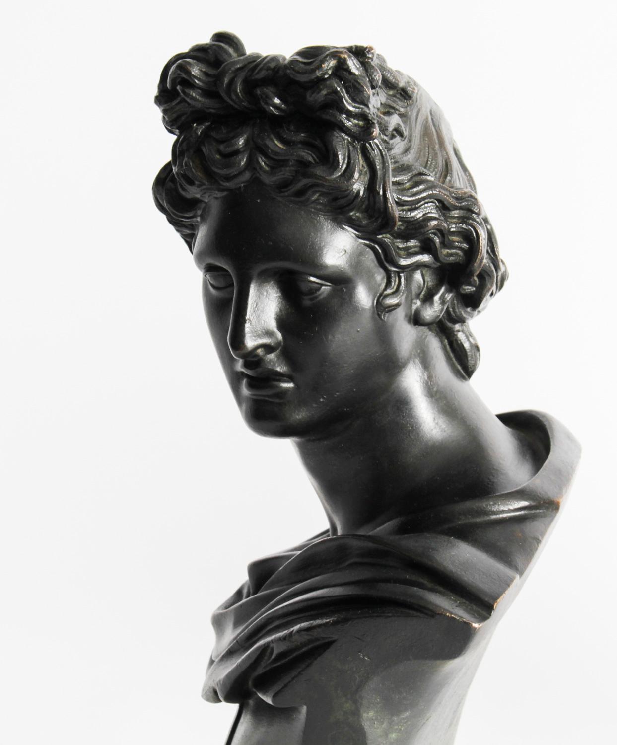 Mid-19th Century Antique Pair Italian Grand Tour Bronze Busts Apollo & Diana, 19th C