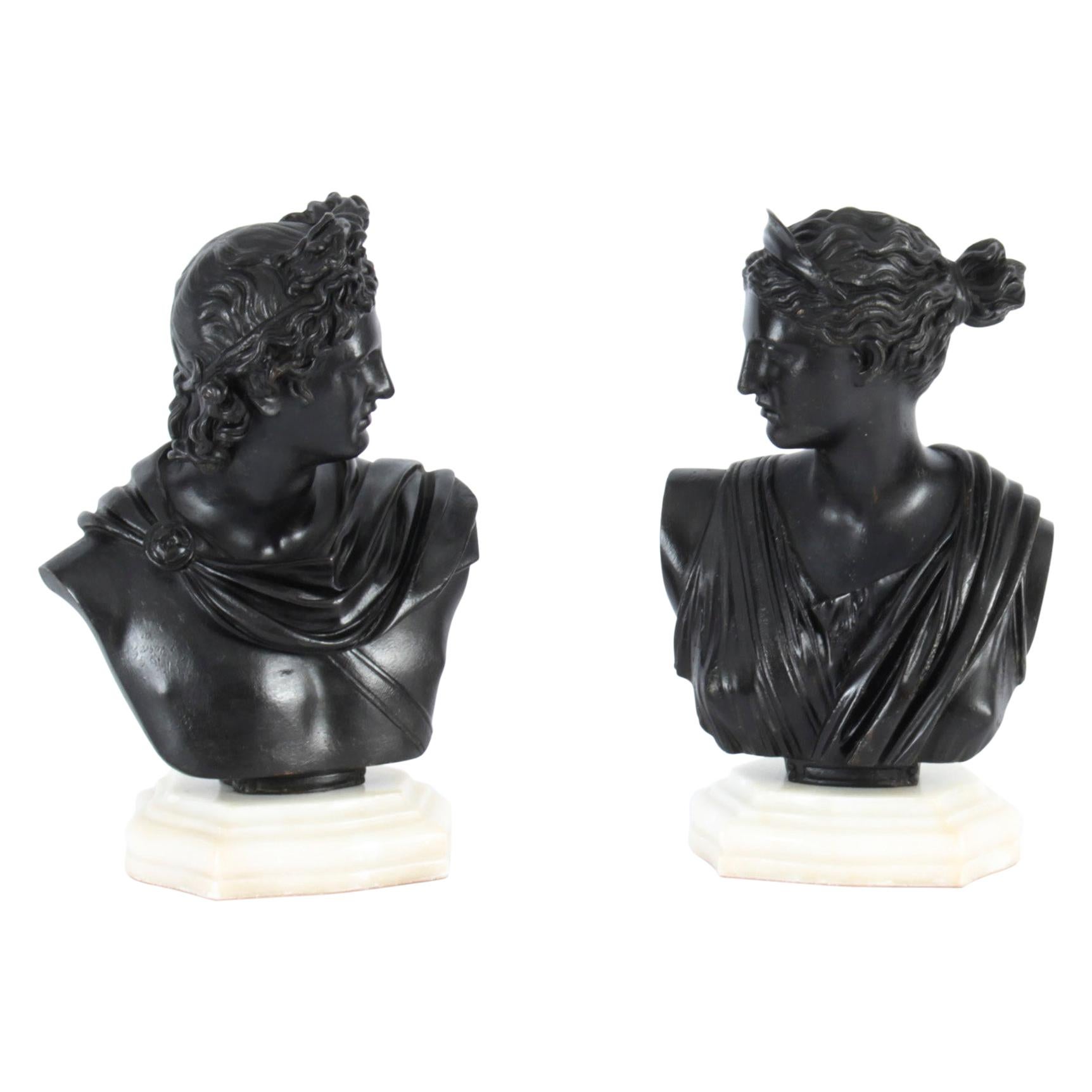 Antique Pair Italian Grand Tour Bronze Busts Apollo & Diana, 19th C