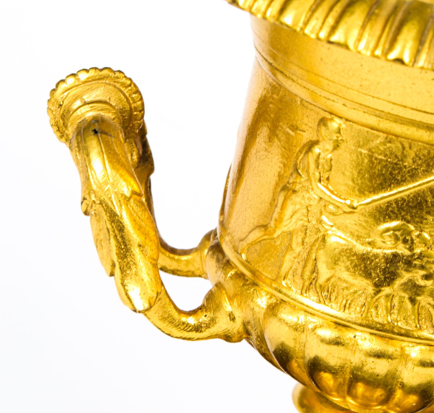 Antique Pair of Italian Grand Tour Gilt Bronze Classical Urns, 19th Century 1