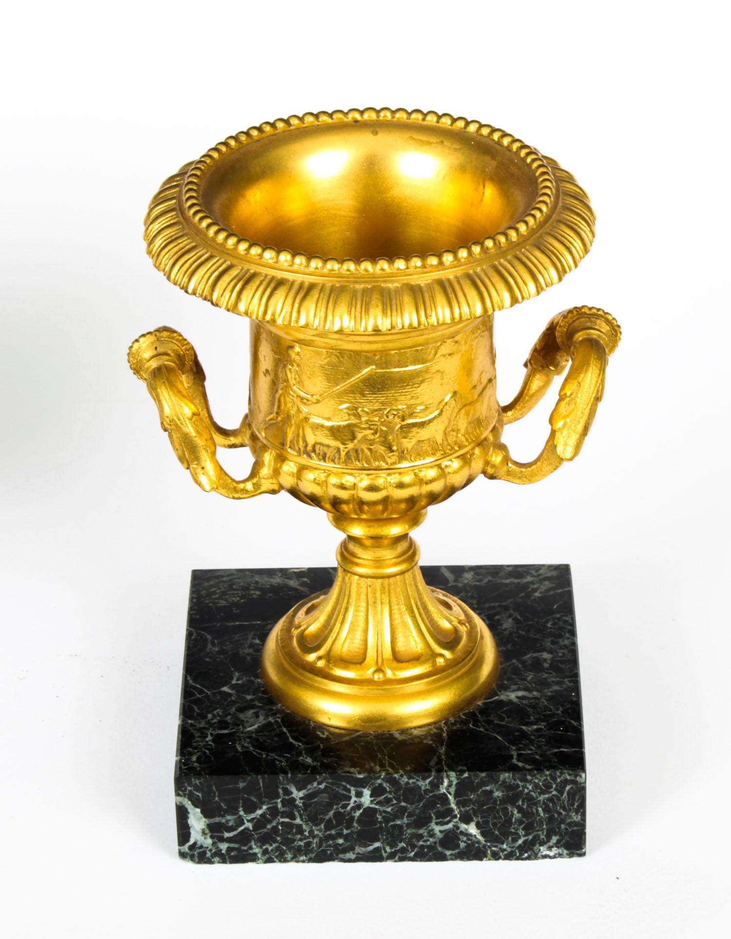 Antique Pair of Italian Grand Tour Gilt Bronze Classical Urns, 19th Century 3
