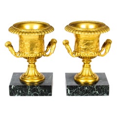 Antique Pair of Italian Grand Tour Gilt Bronze Classical Urns, 19th Century