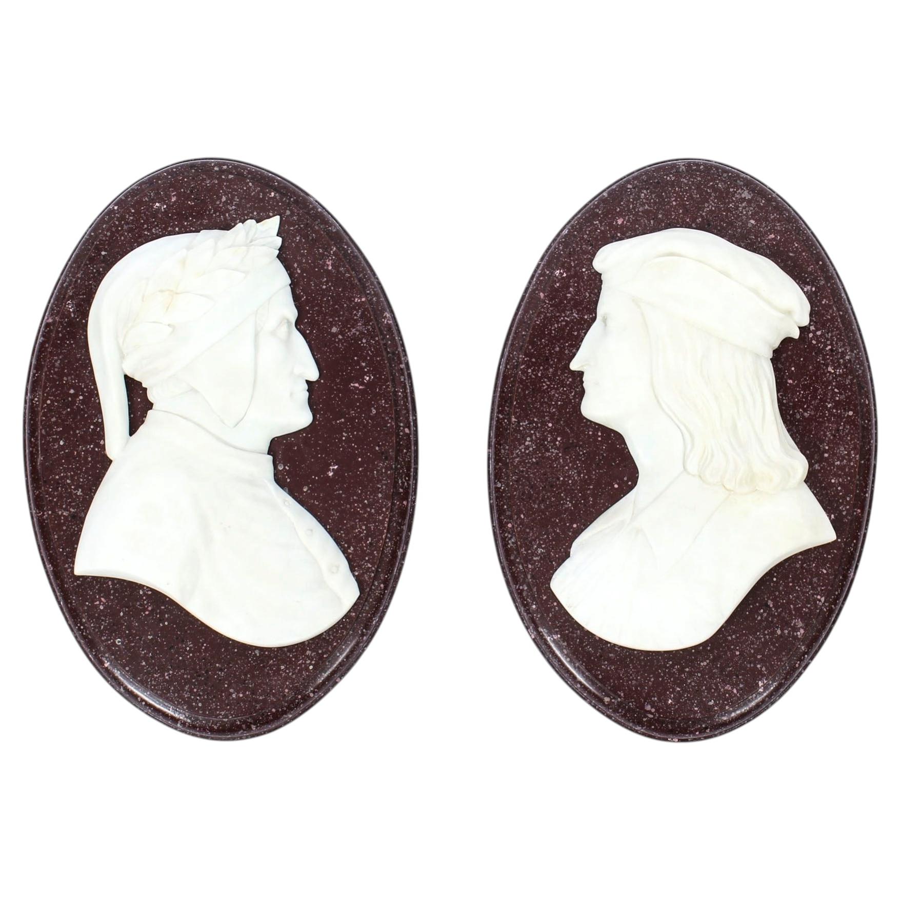 Antique Pair Italian Marble Profile Plaques of Virgil & Dante 19th Century For Sale