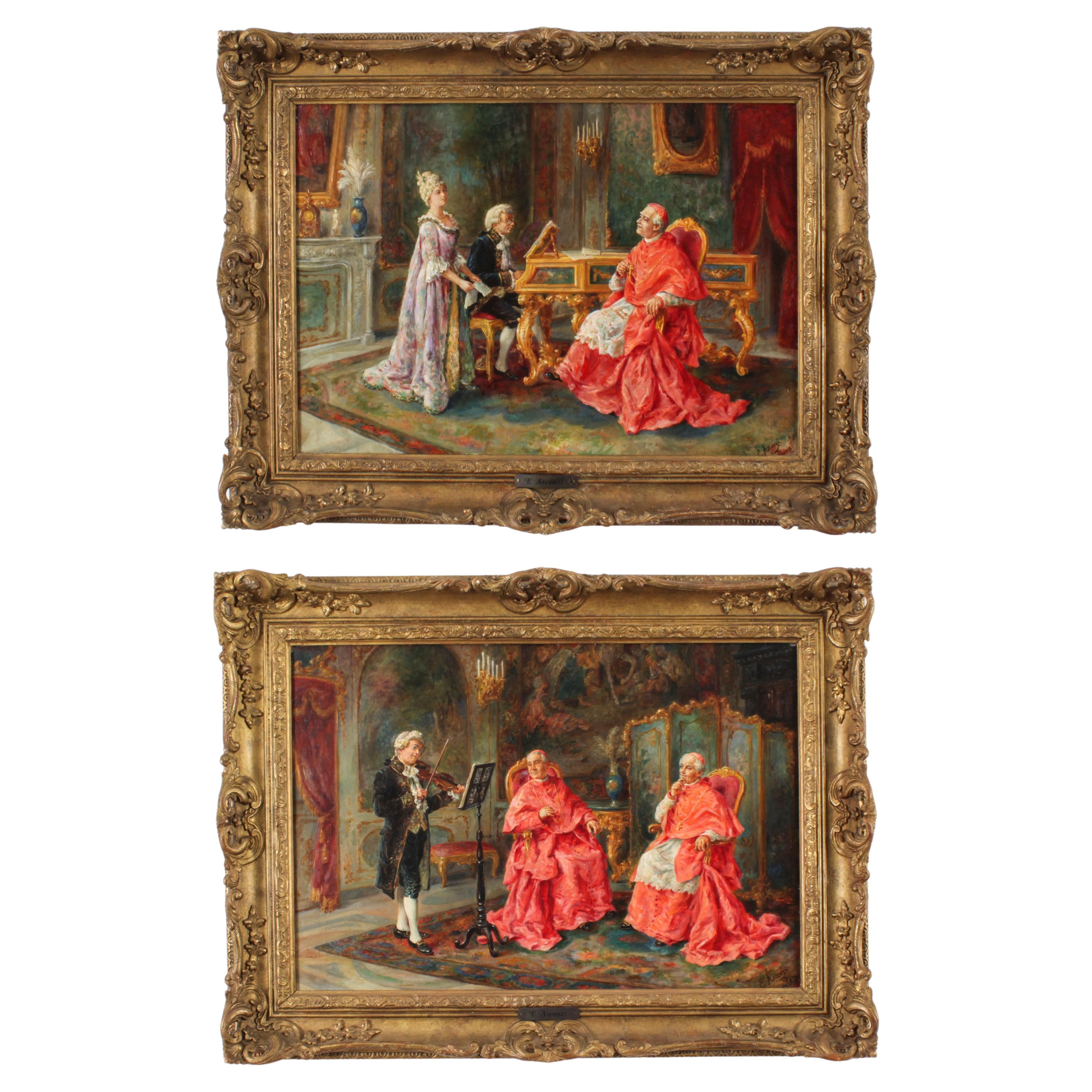 Antique Pair Italian Oil Paintings "Music Recitals" Ettore Ascenzi 19th Century