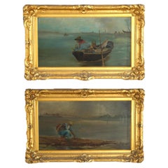 Antique Pair Italian Oil Paintings of Harbor Scenes in Giltwood Frames C1890