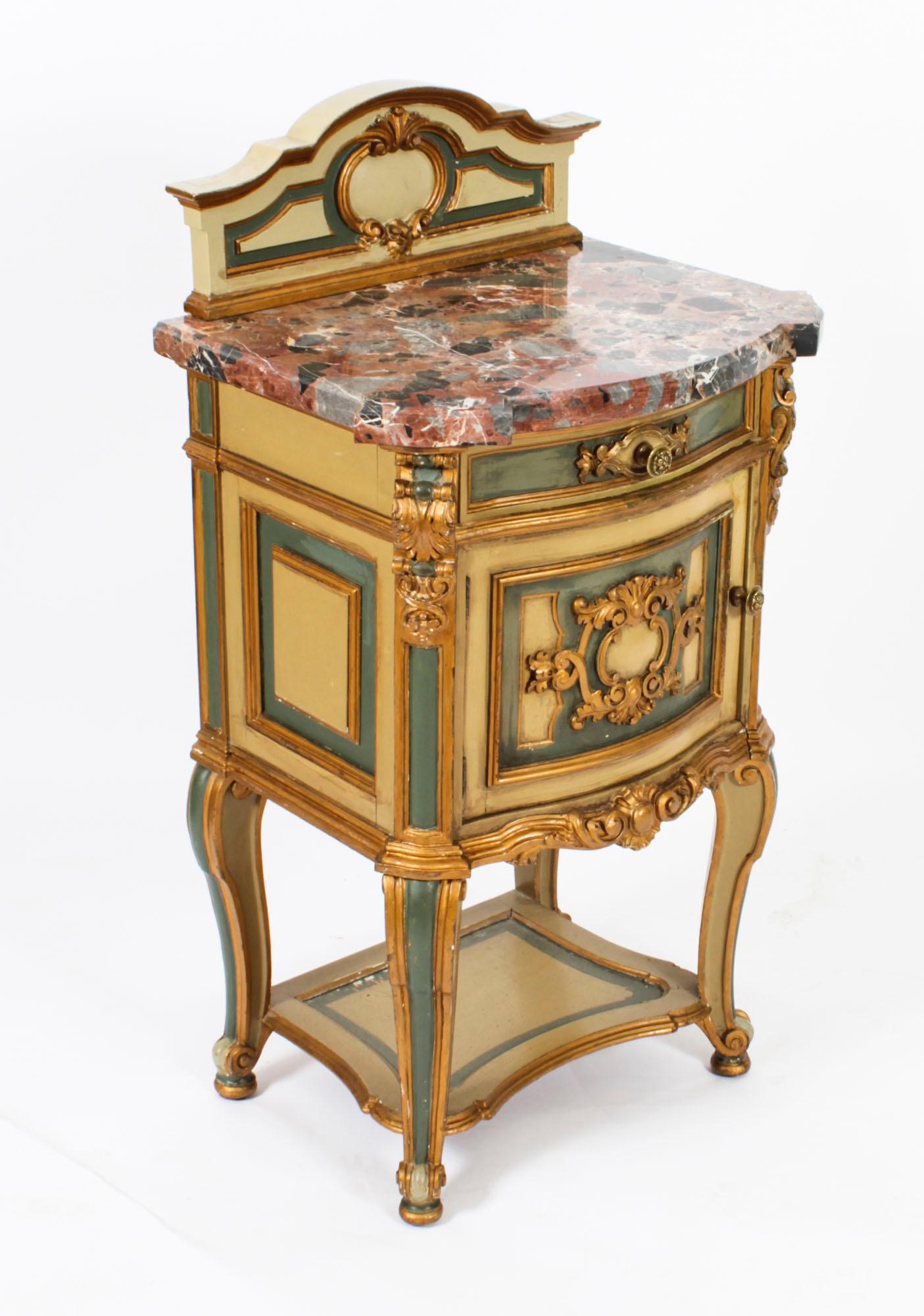 Marble Antique Pair Italian Painted Bedside Cabinets Nightstands, Early 20th Century