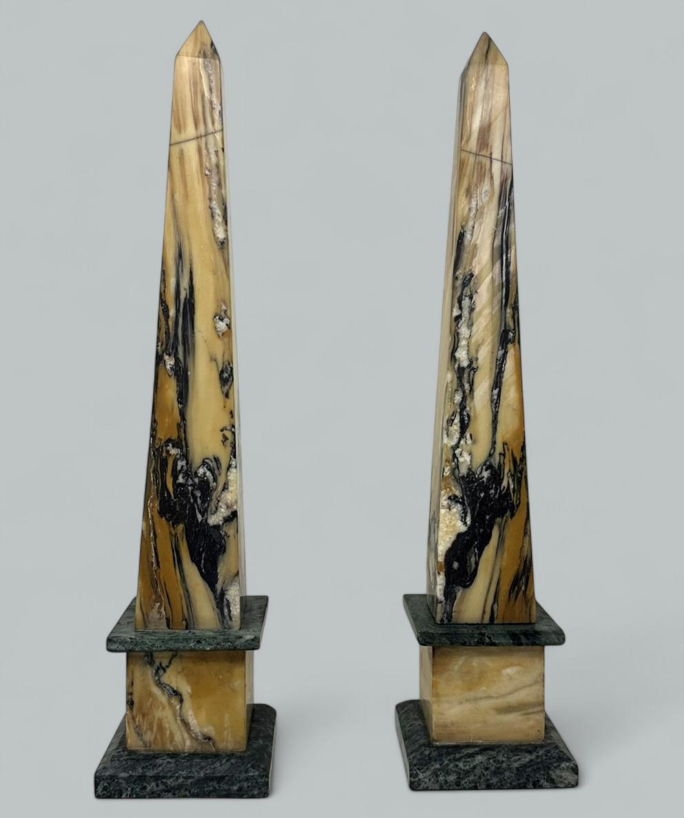 An Exceptionally Fine Pair of well figured Grand Tour Style Siena Marble Mantle Obelisks or possible Clock Garnitures of generous proportions and of traditional tall slender form, offered in exceptional condition. First quarter of the Twentieth