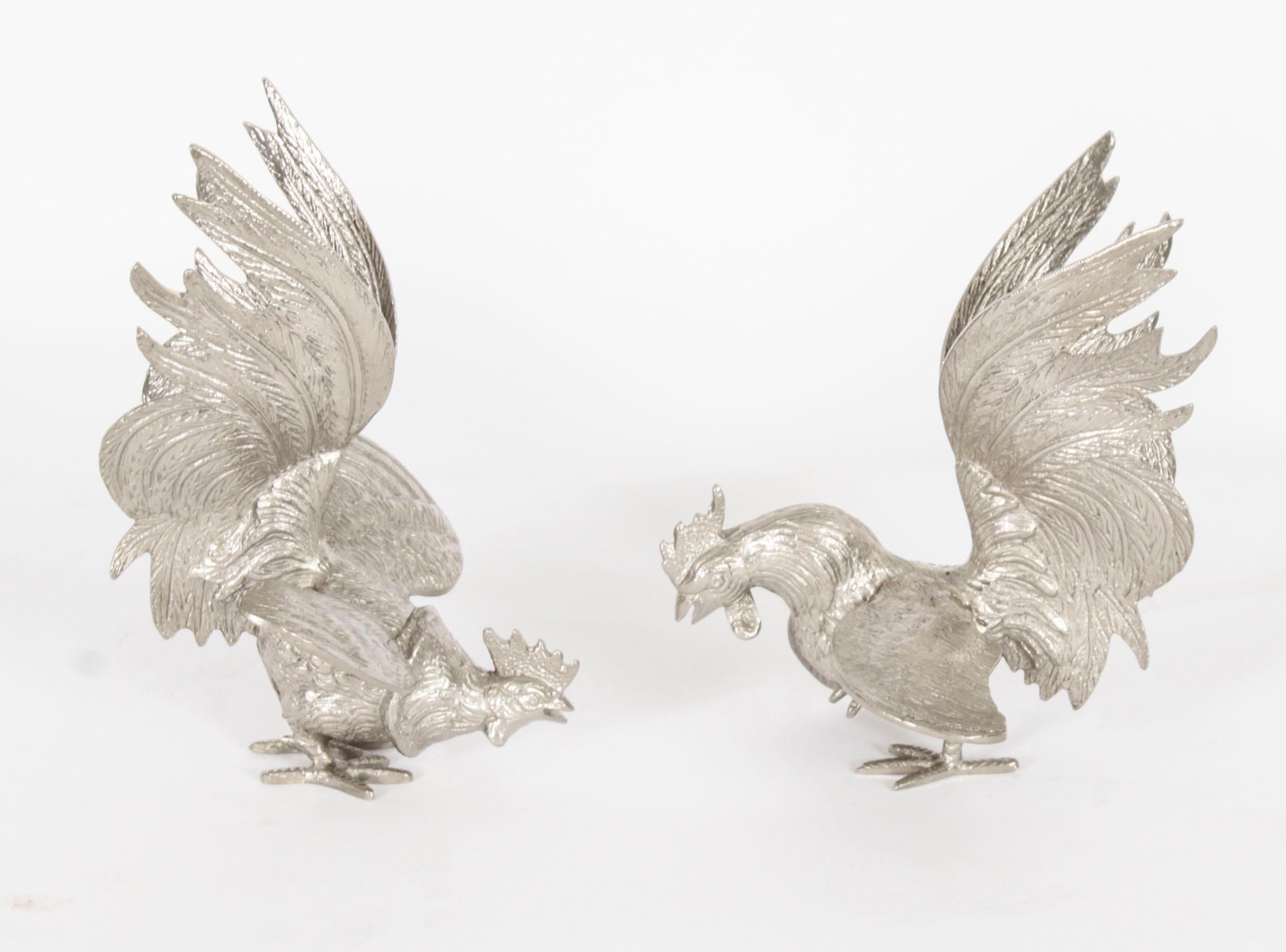 Antique Pair Italian Silver Plated Fighting Cockerels 20th C For Sale 14