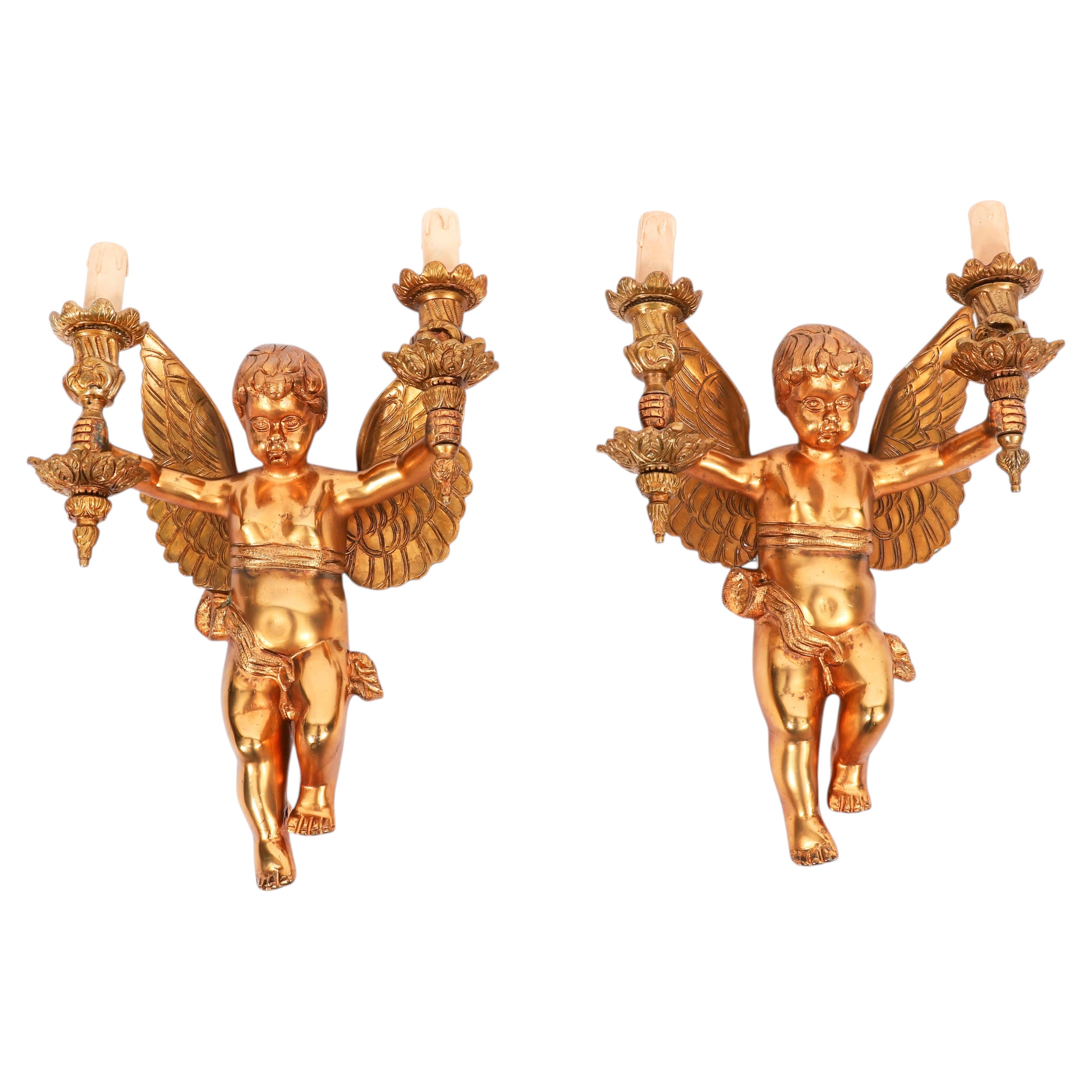 Antique Pair Italian Two Branch Cherub Ormolu Wall Lights 19th Century For Sale
