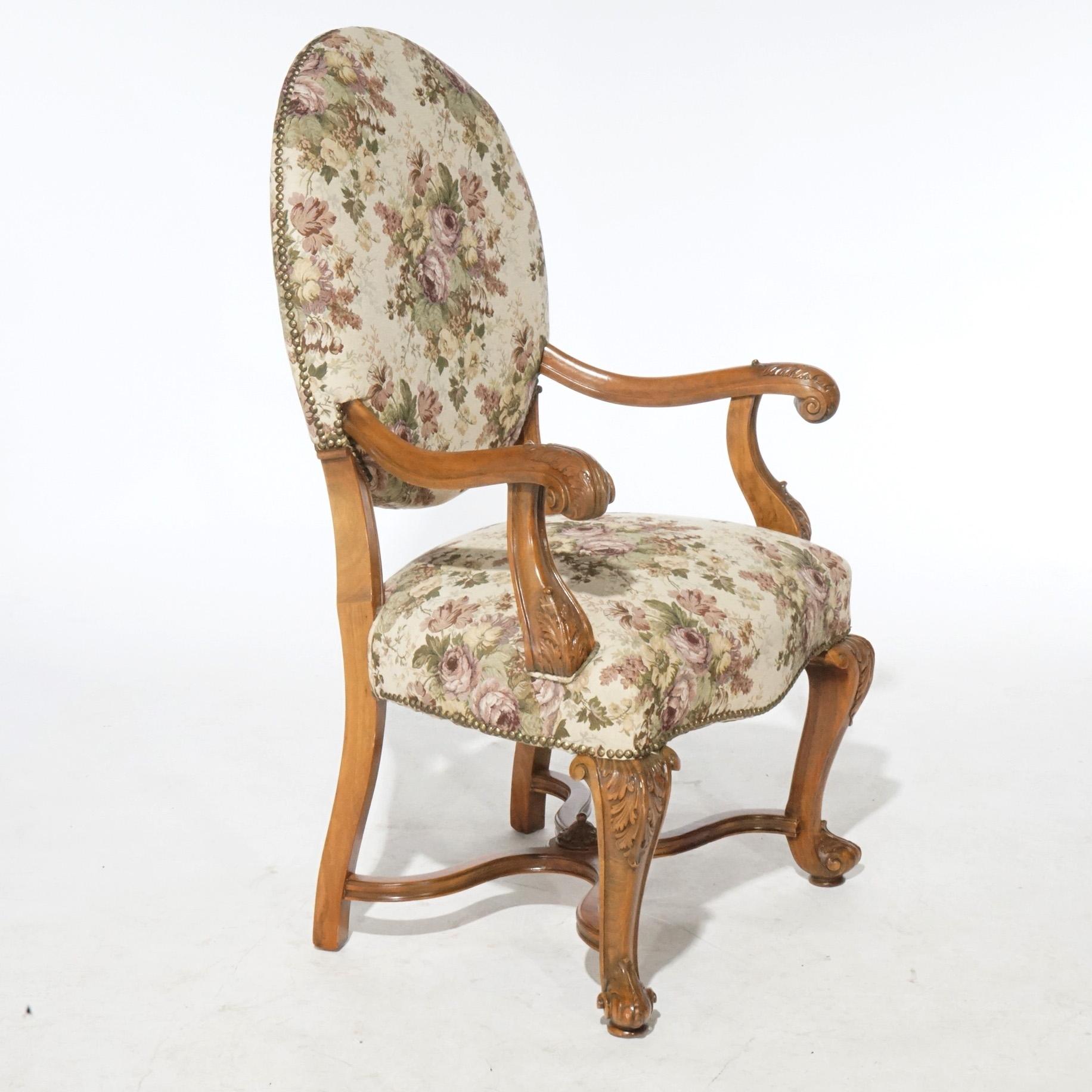 Antique Pair Italian Walnut Carved Arm Chairs, circa 1920 For Sale 3