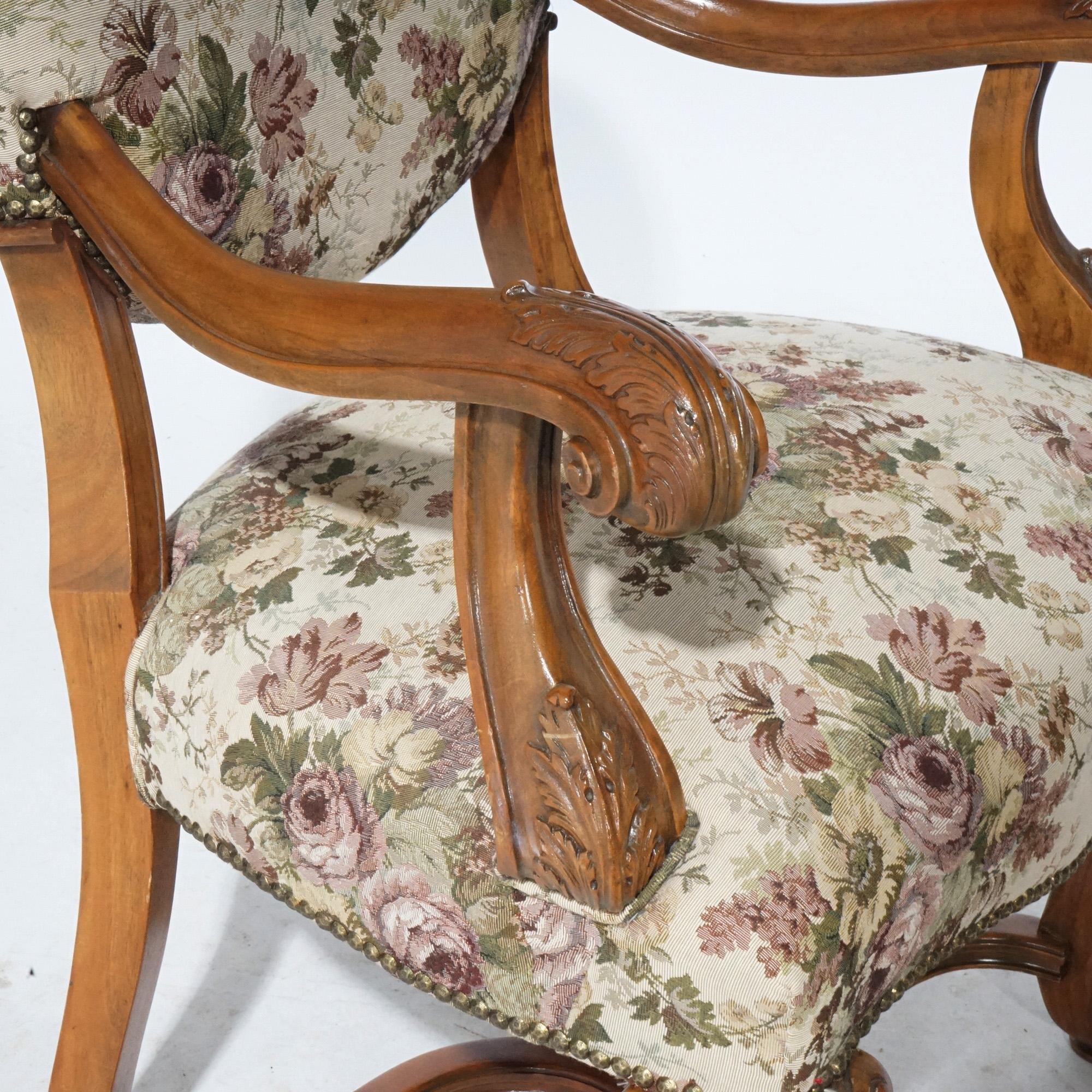 Antique Pair Italian Walnut Carved Arm Chairs, circa 1920 For Sale 5