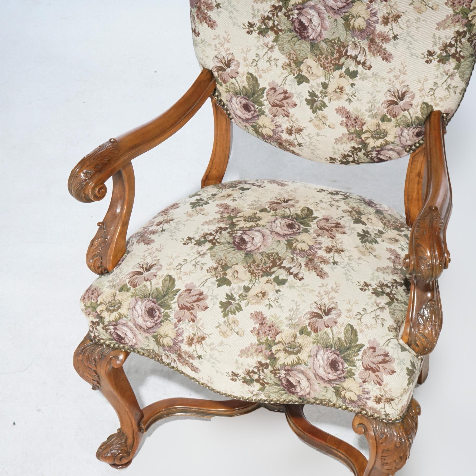Antique Pair Italian Walnut Carved Arm Chairs, circa 1920 For Sale 12