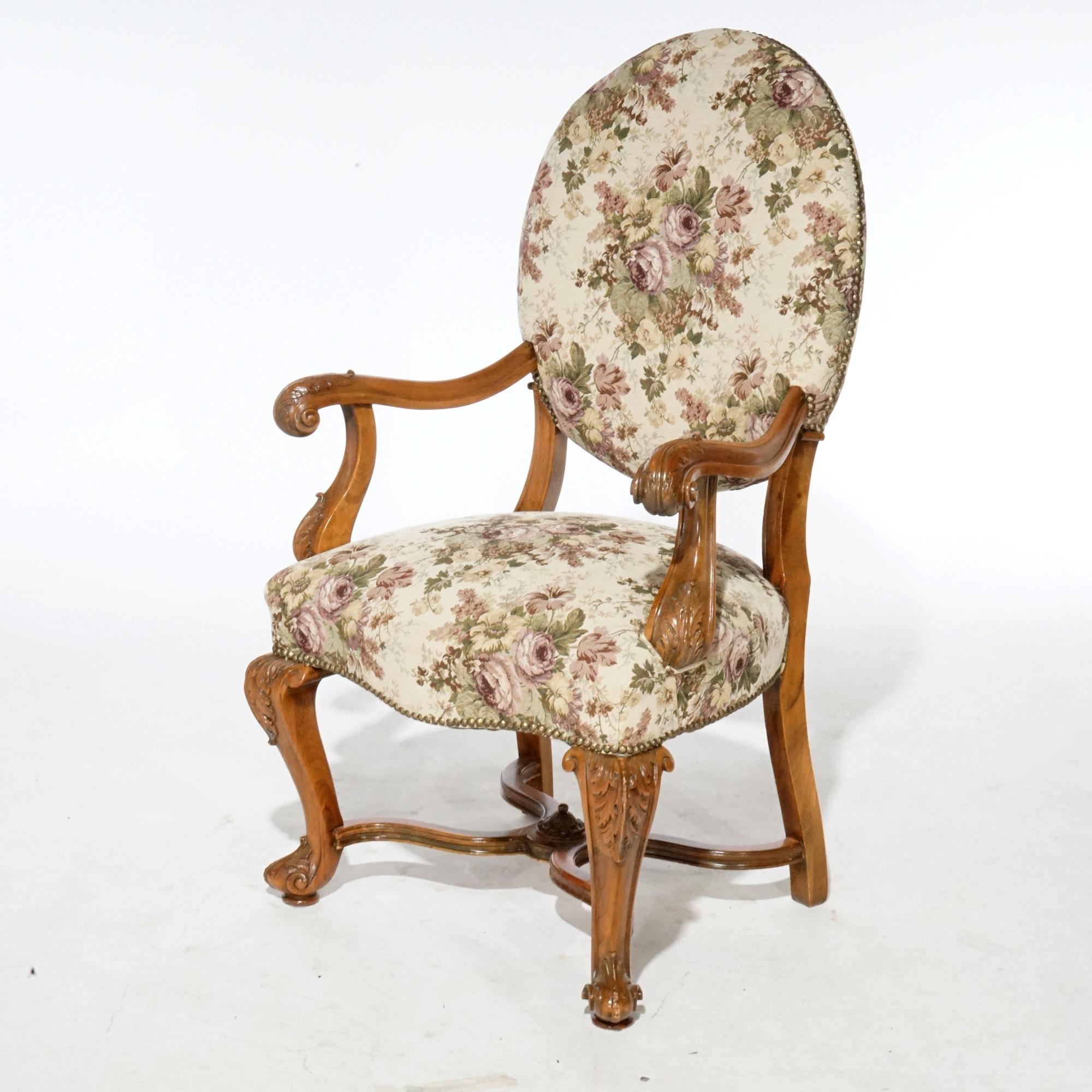 Antique Pair Italian Walnut Carved Arm Chairs, circa 1920 In Good Condition For Sale In Big Flats, NY