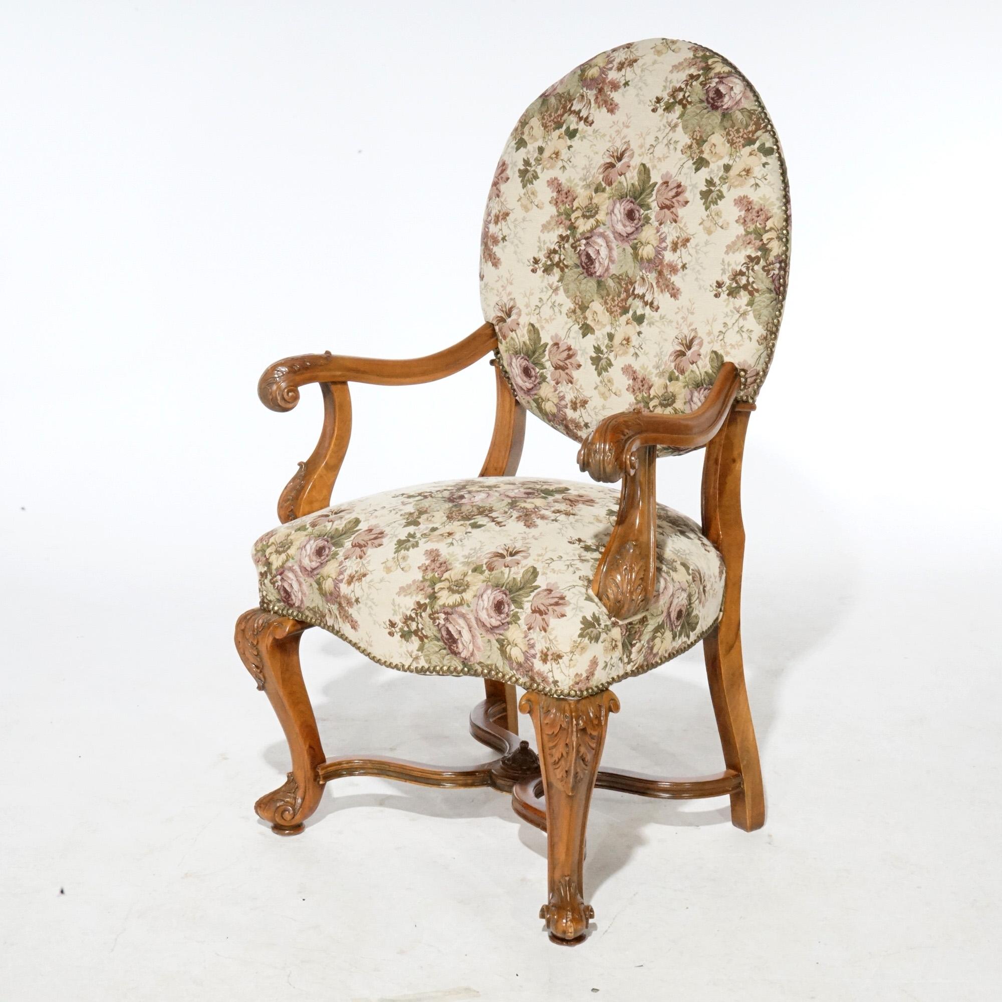 20th Century Antique Pair Italian Walnut Carved Arm Chairs, circa 1920 For Sale