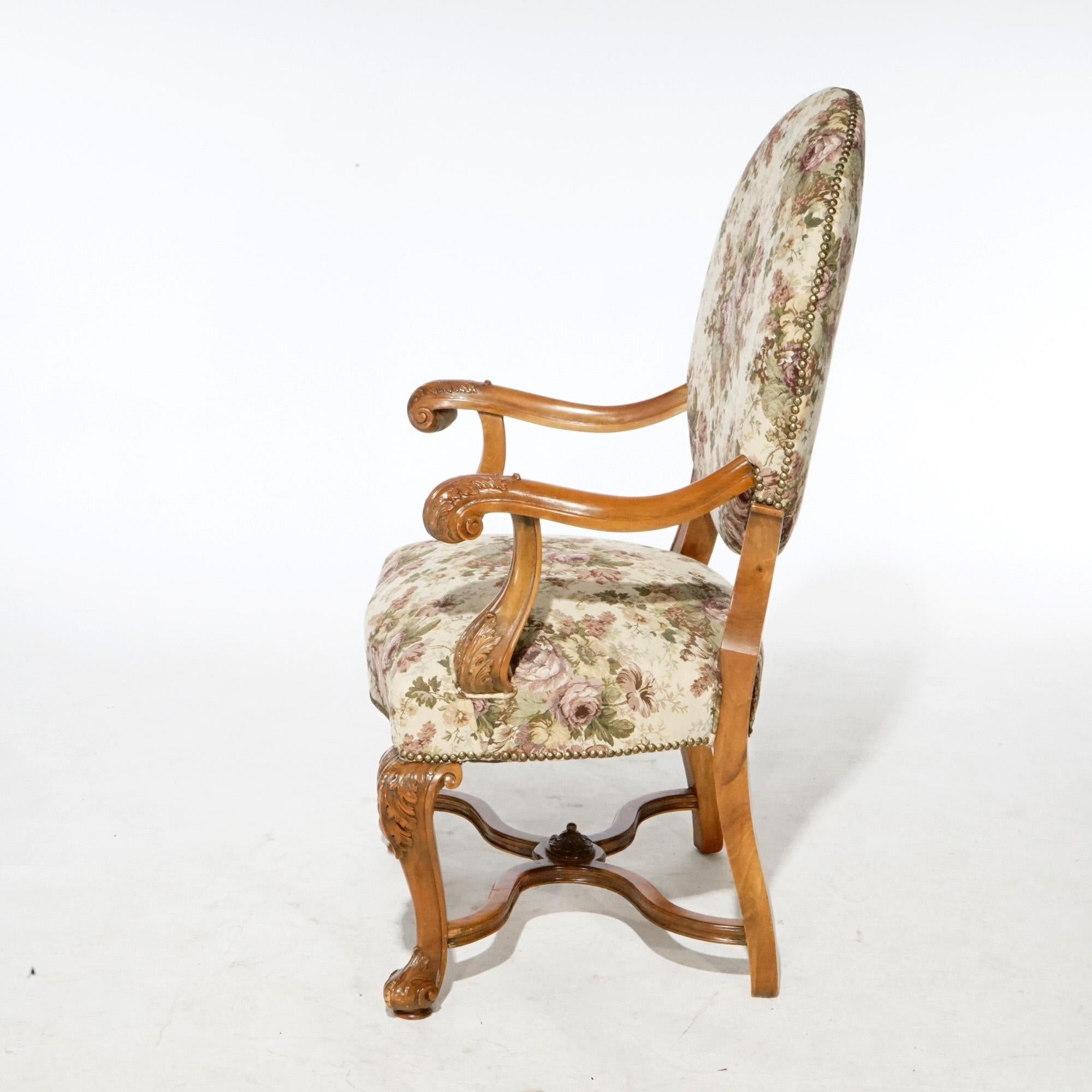 Upholstery Antique Pair Italian Walnut Carved Arm Chairs, circa 1920 For Sale