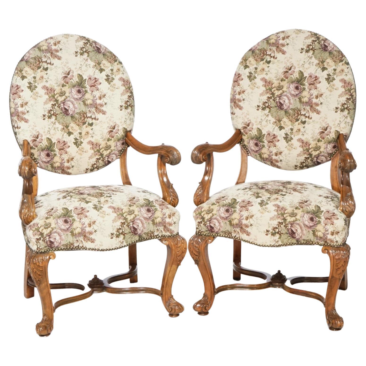 Antique Pair Italian Walnut Carved Arm Chairs, circa 1920 For Sale
