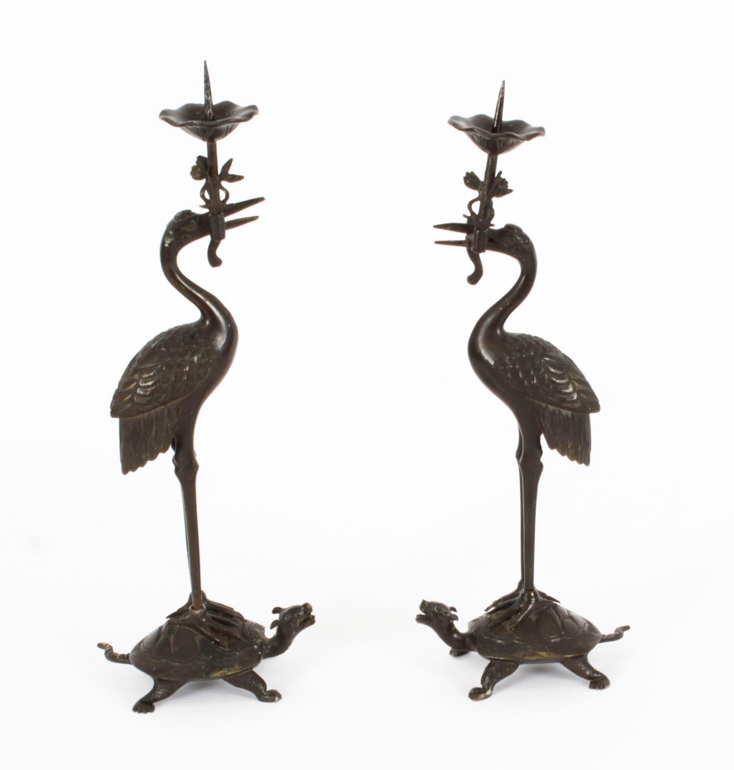 Antique Pair Japanese Bronze Pricket Candlesticks 19th C 11