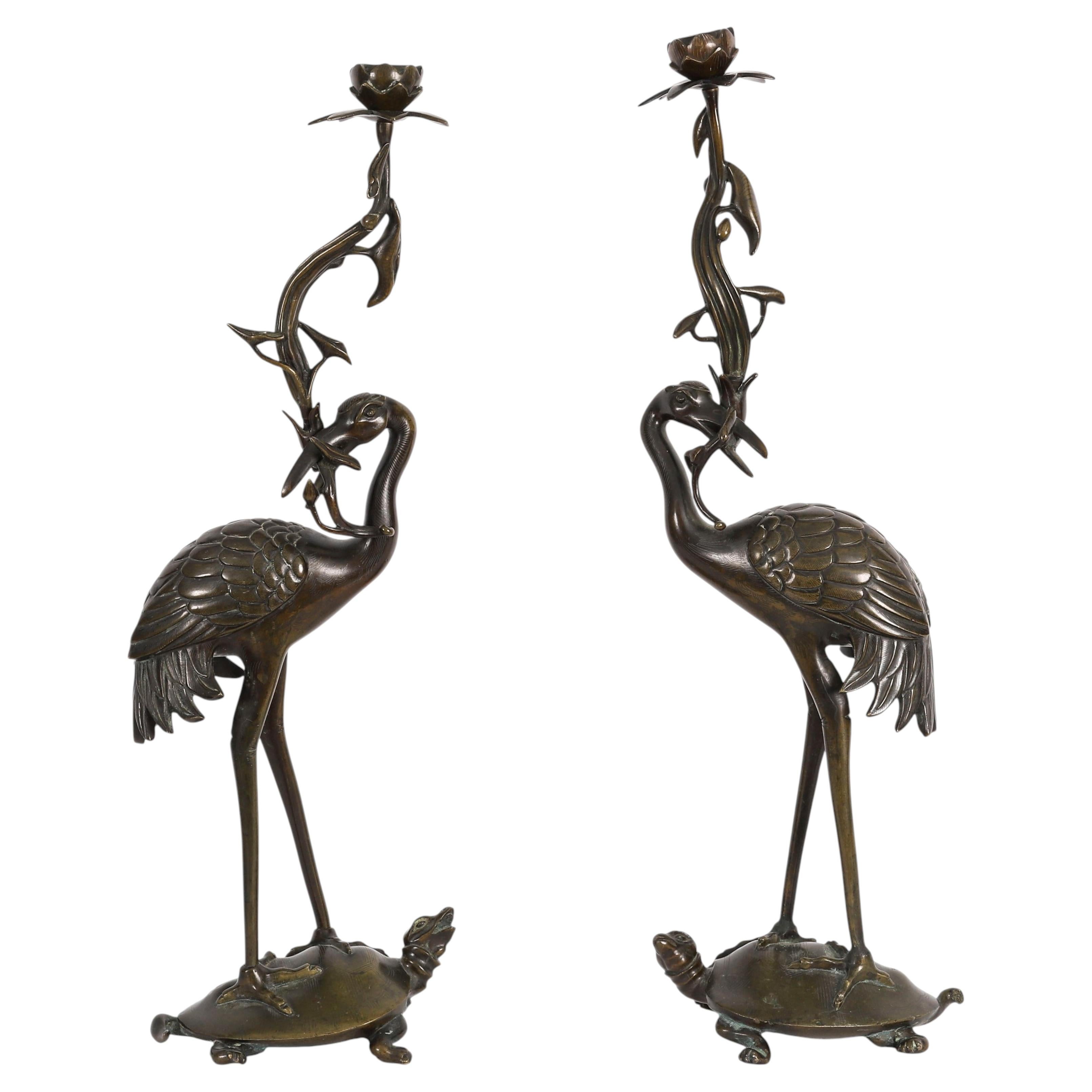 Antique Pair Japanese Bronze Pricket Candlesticks 19th Century