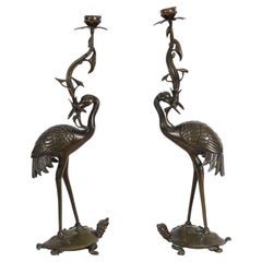 Antique Pair Japanese Bronze Pricket Candlesticks 19th Century