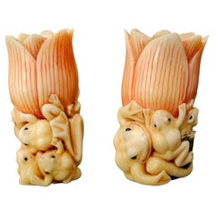 Antique Pair Japanese Carved Netsukes "Frogs & Lotuses" by Yoshiiz 吉泉, Meiji