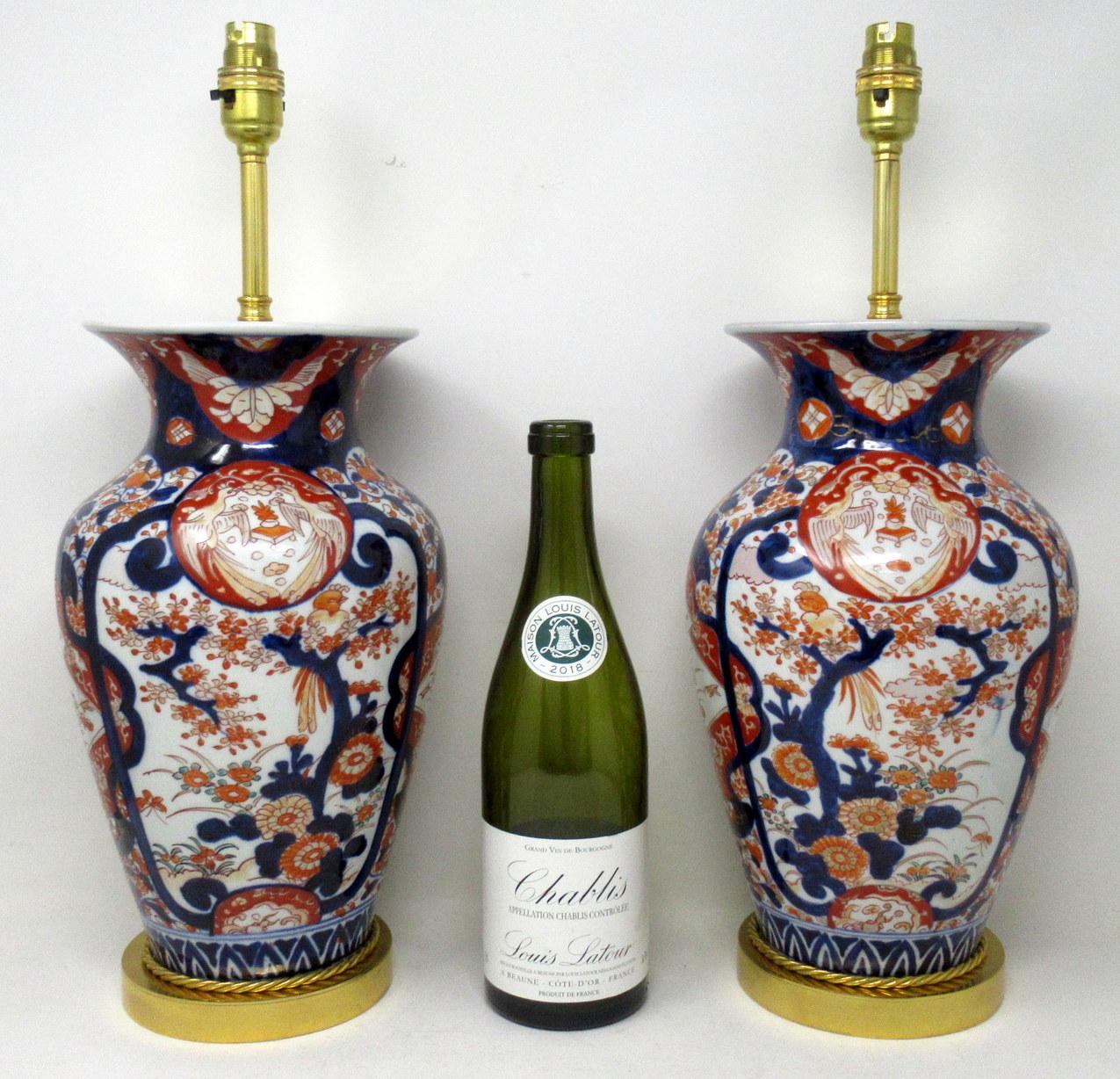 Antique Pair Japanese Chinese Imari Porcelain Ormolu Table Lamps Blue Red Gilt 4