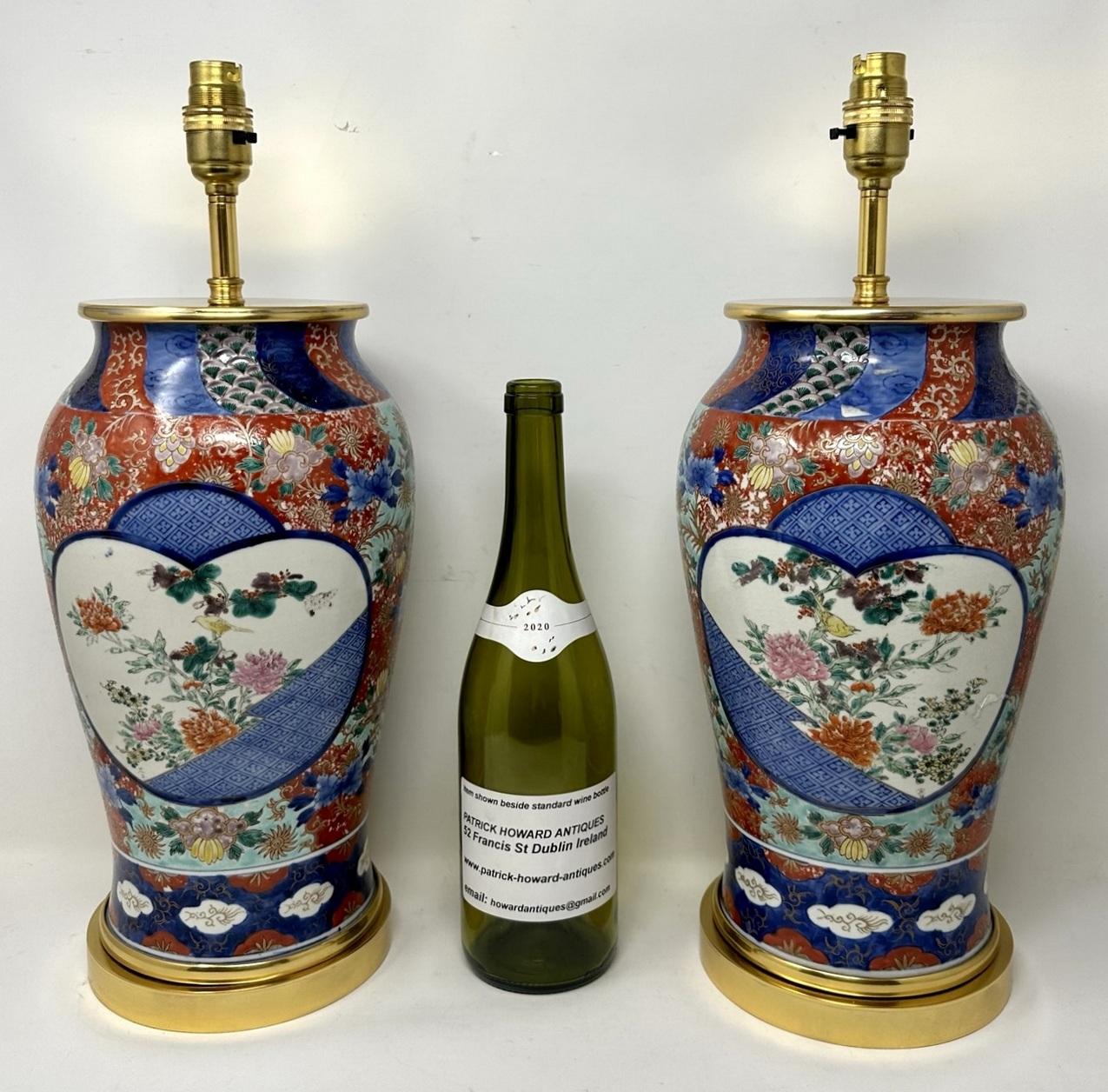 Antique Pair Japanese Chinese Imari Porcelain Ormolu Table Lamps Blue Red Gilt For Sale 5