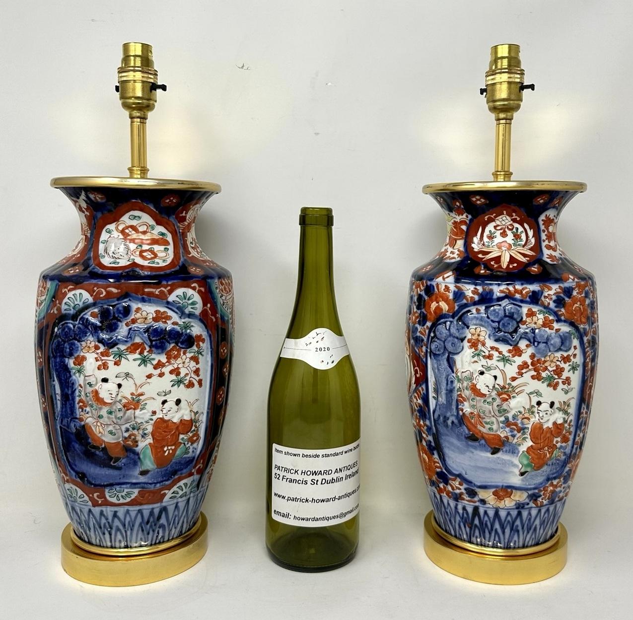Antique Pair Japanese Chinese Imari Porcelain Ormolu Table Lamps Blue Red Gilt For Sale 4