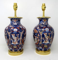 Antique Pair Japanese Chinese Imari Porcelain Ormolu Table Lamps Blue Red Gilt