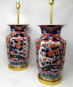 Antique Pair Japanese Chinese Imari Porcelain Ormolu Table Lamps Blue Red Gilt