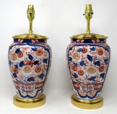 Antique Pair Japanese Chinese Imari Porcelain Ormolu Table Lamps Blue Red Gilt