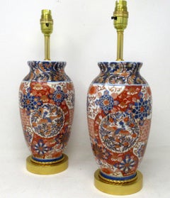 Antique Pair Japanese Chinese Imari Porcelain Ormolu Table Lamps Blue Red Gilt