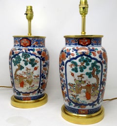 Antique Pair Japanese Chinese Imari Porcelain Ormolu Table Lamps Blue Red Gilt