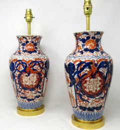 Antique Pair Japanese Chinese Imari Porcelain Ormolu Table Lamps Blue Red Gilt