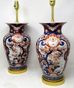 Antique Pair Japanese Chinese Imari Porcelain Ormolu Table Lamps Blue Red Gilt