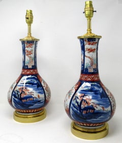 Antique Pair Japanese Chinese Imari Porcelain Ormolu Table Lamps Blue Red Gilt