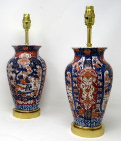 Antique Pair Japanese Chinese Imari Porcelain Ormolu Table Lamps Blue Red Gilt
