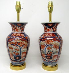 Antique Pair Japanese Chinese Imari Porcelain Ormolu Table Lamps Blue Red Gilt